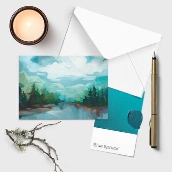 Carte de vœux artistique | Peinture de lac forestier | Carte d'art en épicéa bleu 4
