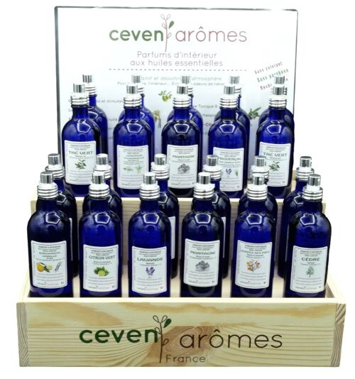 Présentoir Pack 45 vaporisateurs parfums d'intérieur 100 ml - Verre bleu