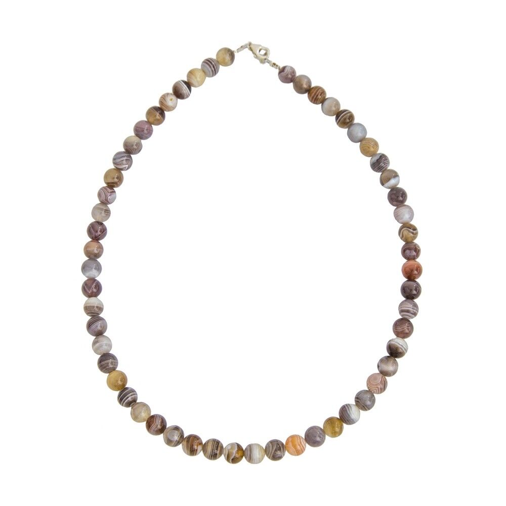 Collana in agata del Botswana - Pietre a sfera da 8 mm - 39 cm - Chiusura in argento