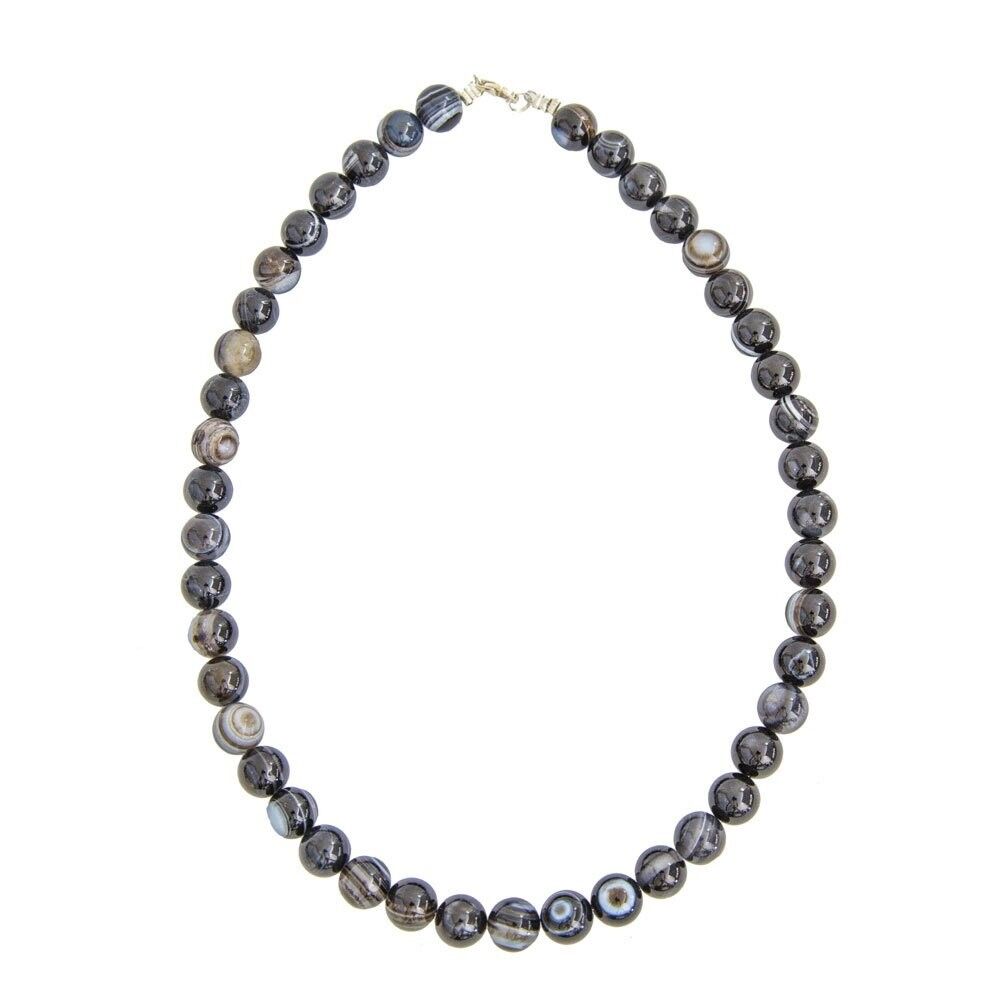 Collar de ágata negra zonada - Piedras bola de 10 mm - 39 cm - Cierre de plata