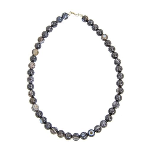 Collier Agate noire zonée - Pierres boules 10mm - 56 cm- Fermoir argent