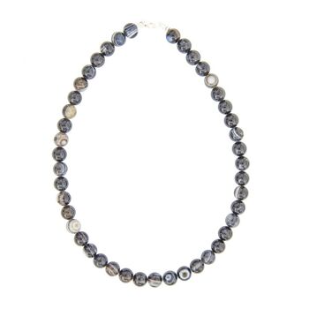 Collier Agate noire zonée - Pierres boules 10mm - 56 cm- Fermoir argent 2