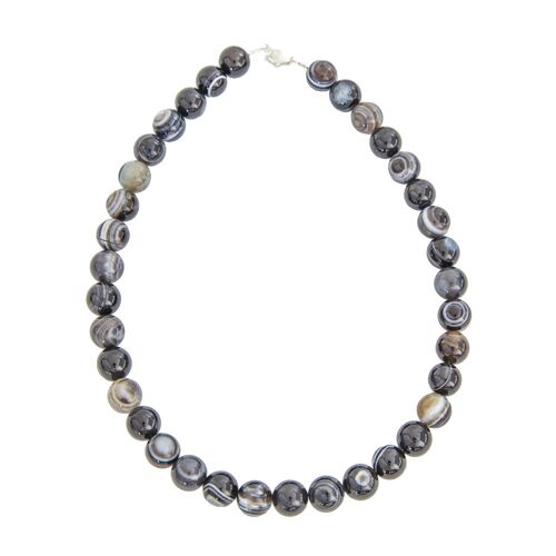 Collier Agate noire zonée - Pierres boules 12mm - 39 cm- Fermoir argent