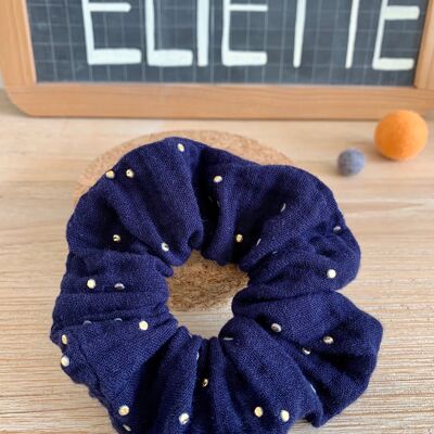 Scrunchie in garza di cotone, blu navy e punti dorati