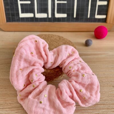 Cotton Gauze Scrunchie, Pink & Golden Dots