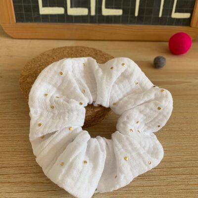 Cotton Gauze Scrunchie, White & Golden Dots