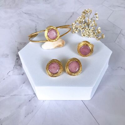 Ensemble bracelet, bague et boucles d'oreilles Valideh Sultan Pink Jade (SN022)