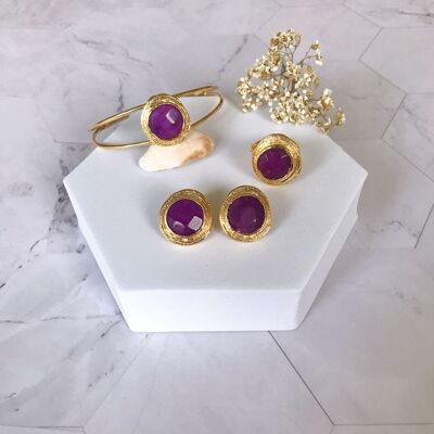 Ensemble bracelet, bague et boucles d'oreilles Valideh Sultan Purple Jade (SN024)