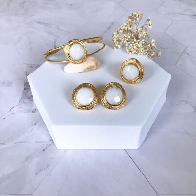 Valideh Sultan Set di braccialetti, anelli e orecchini in giada bianca (SN025)
