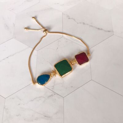 Leyla 3 stone agate Bracelets - Blue agate, Ruby and Emerald Bracelet (SN039)