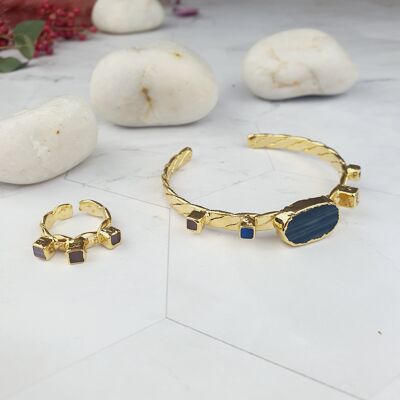 Ensemble Twisted Dark Navy Agate et Cat's eye (SN066)