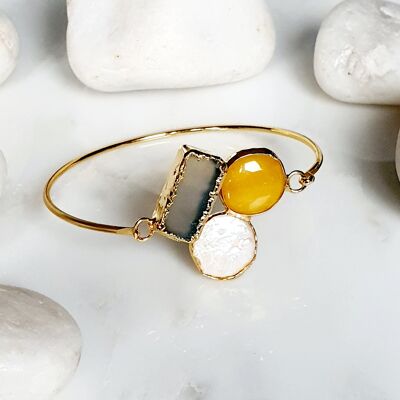 Silver Yellow Jade and Pearl bangle (SN073)