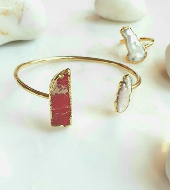 Ensemble bracelet et bague Variscite rouge et perle (SN091)