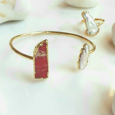 Red Variscite and Pearl bangle and ring set (SN091)