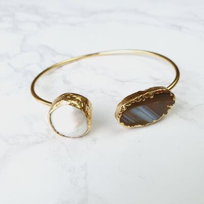 Kayra Pearl and Agate Bangles - Brown Agate and Pearl (SN119)