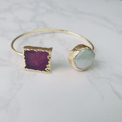 Kayra Pearl and Agate Bangles - Square Purple Agate and Pearl Bangle (SN127)