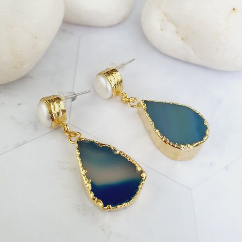 Selvinaz Teardrop Blue Agate and Pearl Earrings (SN199)