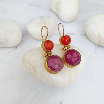 Boucles d'oreilles pendantes à deux pierres rouges et roses Jaleh (SN202)