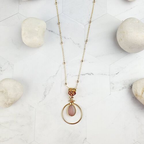 Sufia Round Teardrop Pink Jade Pendant Necklace (SN329)