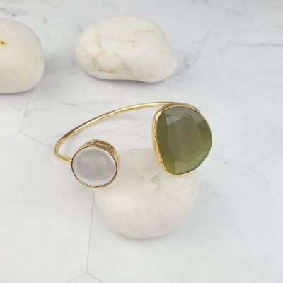 Bracelet jonc oeil de chat et perle Kedi Vert Olive (SN430)