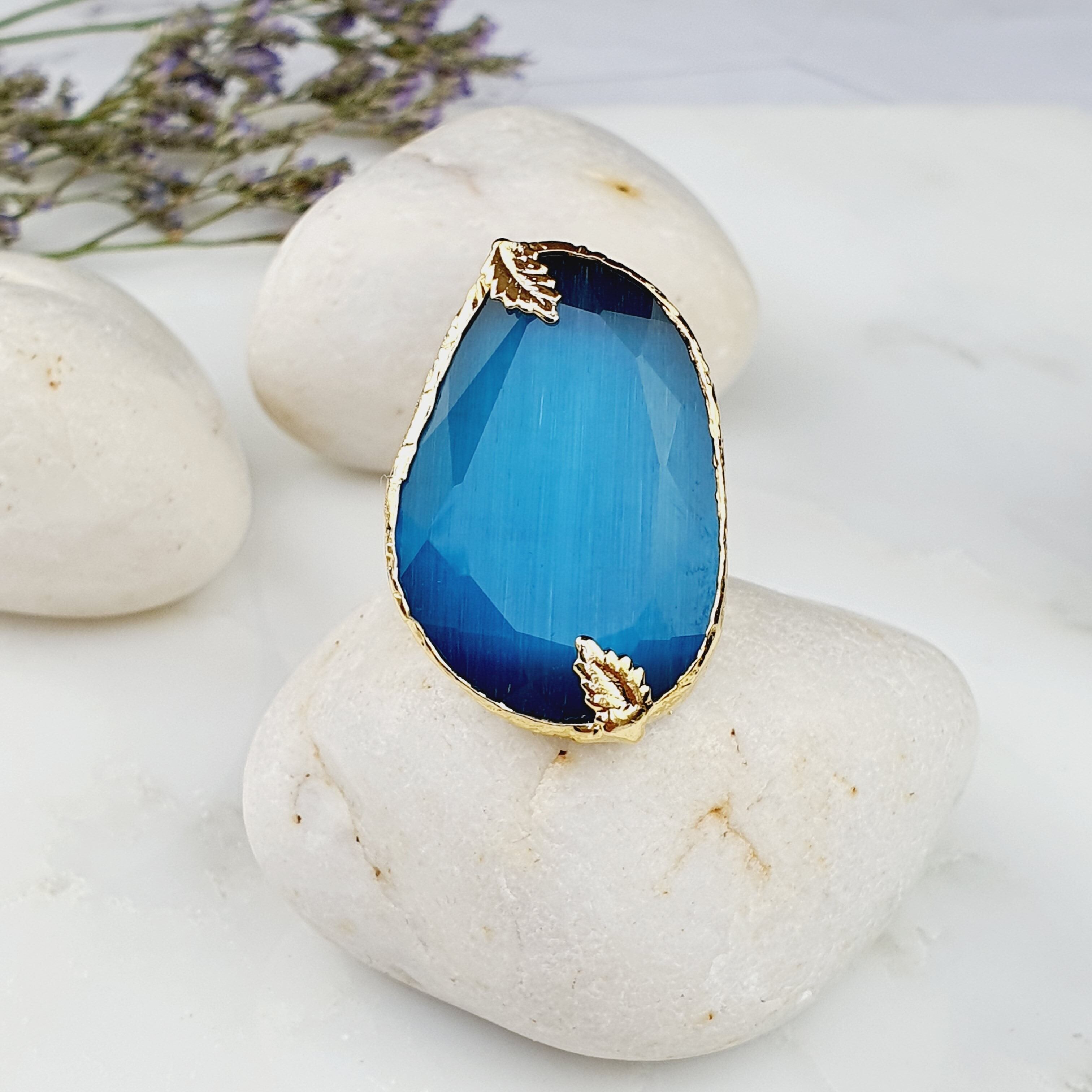 Achat Bague oeil de chat bleu Talia Leaf SN457 en gros