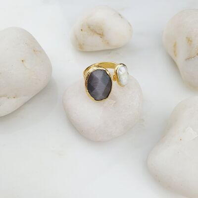 Faizah Dark Grey Cat's eye and Pearl Ring (SN482)