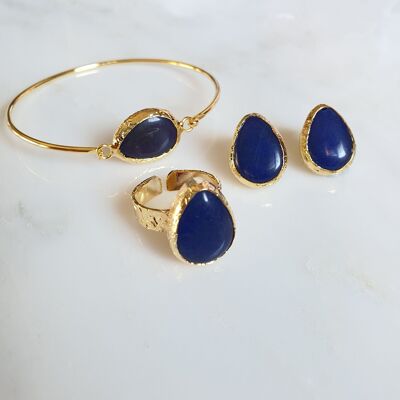 Conjunto de aretes, anillo y brazalete de ágata azul marino (SN501)