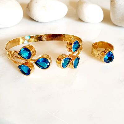 Teardrop Blue Crystal bangle and ring set (SN545)