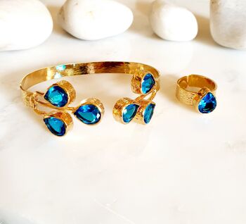 Ensemble bracelet et bague en cristal bleu larme (SN545) 1