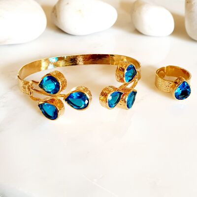 Set bracciale e anello con cristalli blu a goccia (SN545)