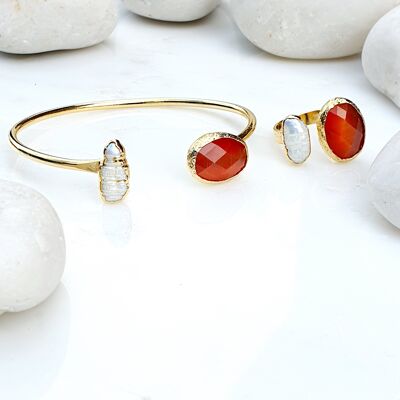 Oval Burnt Orange Cat's Eye and Pearl ring and bangle set (SN565)