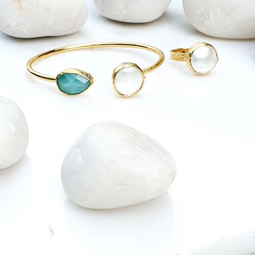 Aqua Teardrop  Cat's eye and Pearl Bangle and Ring Set (SN564)