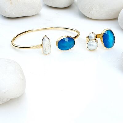 Ensemble bague et bracelet oeil de chat bleu ovale et perle (SN566)