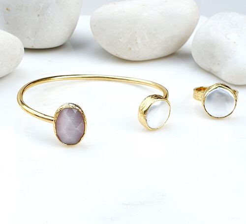 Pink Oval Cat's eye and Pearl Bangle and Ring Set (SN567)