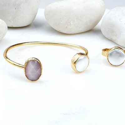 Conjunto de Brazalete y Anillo Ojo de Gato y Perla Rosa Ovalada (SN567)