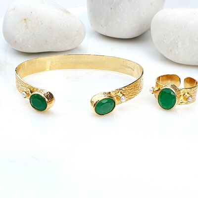 Emerald hammered bangle and ring set (SN568)