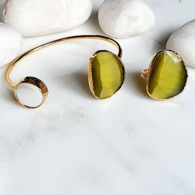 Ensemble bracelet et bague oeil de chat olive et perle (SN569)