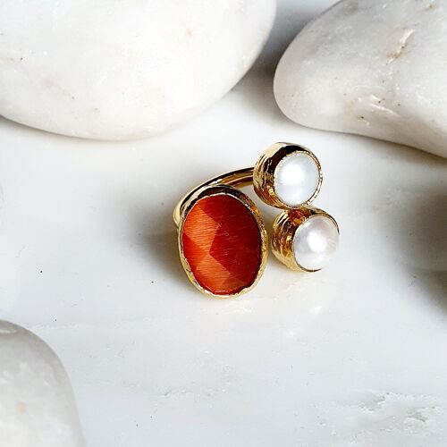 Oval Orange Cat's eye and Pearl Ring (SN623)