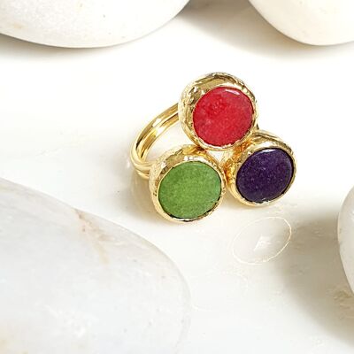 Three Stone Red, Green and Purple Jade Ring (SN624)