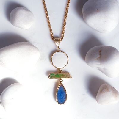 Green Variscite, Pearl and Blue Sardonyx Pendant Necklace (SN636)