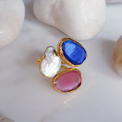 Bague Oeil de Chat Bleu et Perle Rose 3 pierres (SN639)