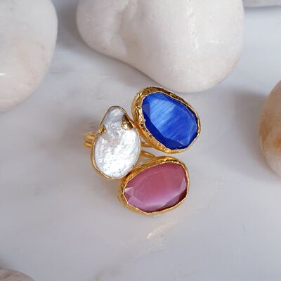 Anello con 3 pietre Occhio di Gatto Blu e Perla Rosa (SN639)