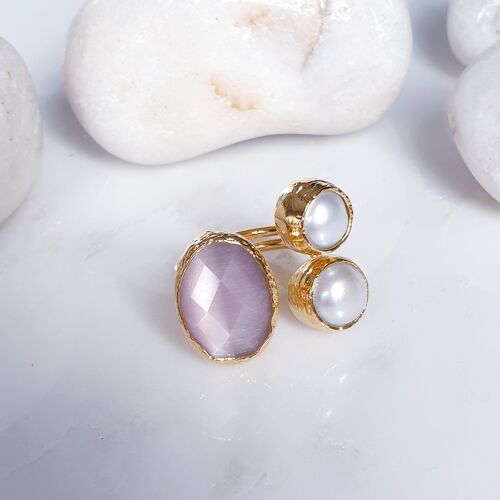 Oval Pink Cat's eye and  Pearl Ring (SN685)
