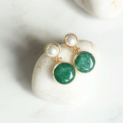 Boucles d'Oreilles Jade Vert et Perle (SN712)