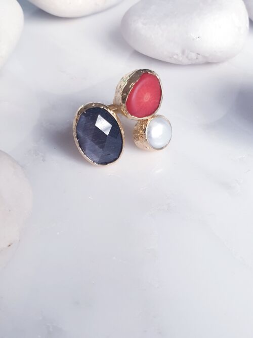 Grey Cat's Eye, Coral and Pearl Ring (SN722)
