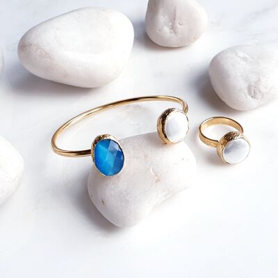 Blaues ovales Katzenauge- und Perlen-Armreif- und Ring-Set (SN746)