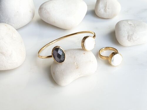 Dark Grey Oval Cat's eye and Pearl Bangle and Ring Set (SN747)