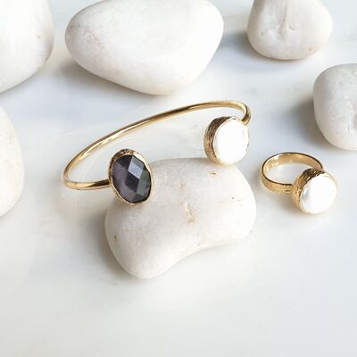 Dark Grey Oval Cat's eye and Pearl Bangle and Ring Set (SN747)