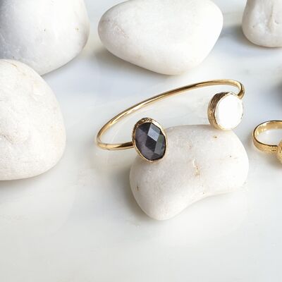 Dark Grey Oval Cat's eye and Pearl Bangle and Ring Set (SN747)