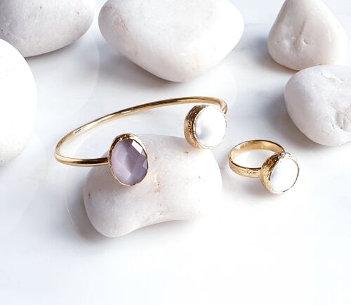 Pink Oval  Cat's eye and Pearl Bangle and Ring Set (SN749)